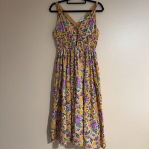 Caroline Constas Floral Print Midi Dress Sleeveless Yellow Size Medium Smocked